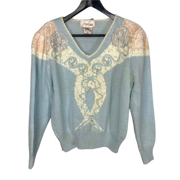 Vintage 80s Jaclyn Smith Pearl Embellished Knit Sweater Small - Picture 1 of 8